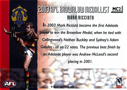 2004 AFL Conquest Series MARK RICCUITO Adelaide Crows Brownlow ...