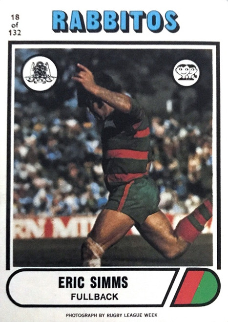 1976 Scanlens #18 ERIC SIMMS South Sydney Rabbitohs Rugby League Card