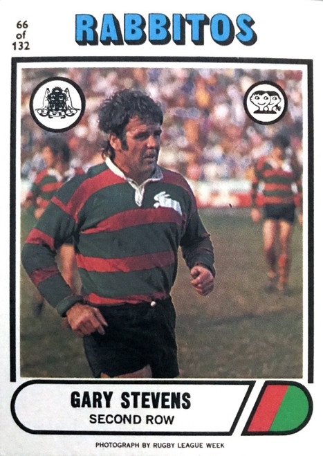 1976 Scanlens #66 GARY STEVENS South Sydney Rabbitohs Rugby League Card