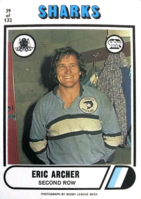 1976 Scanlens #39 ERIC ARCHER Cronulla Sharks Rugby League Card