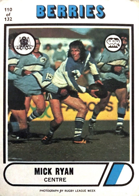 1976 Scanlens #110 MICK RYAN Canterbury Bulldogs Rugby League Card