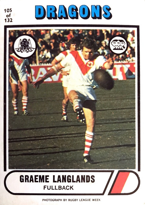 1976 Scanlens #105 GRAEME LANGLANDS St George Dragons Rugby League Card