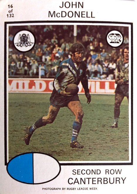 1975 Scanlens #16 JOHN McDONELL Canterbury Bulldogs Rugby League Card