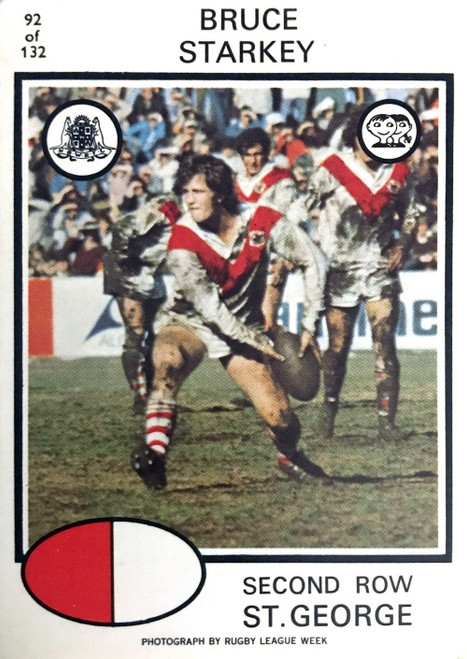 1975 Scanlens #92 BRUCE STARKEY St George Dragons Rugby League Card