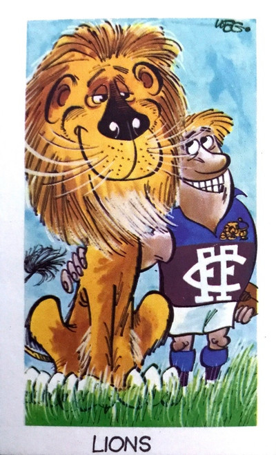 1973 WEGS Sunicrust Fantastic Footy Cartoons LIONS Card (Hey Mums Pink Back)