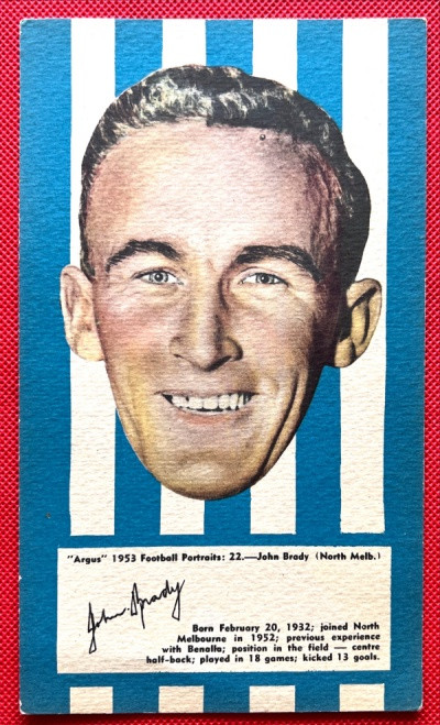 1953 VFL Argus Football Portraits 22 JOHN BRADY  NORTH MELBOURNE KANGAROOS