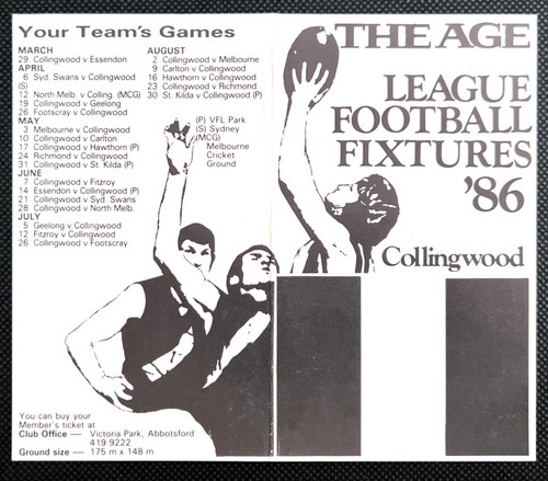 1986 THE AGE COLLINGWOOD MAGPIES VFL LEAGUE FOOTBALL FIXTURE