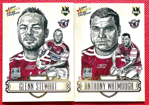 2009 NRL Champions GLENN STEWART & ANTHONY WATMOUGH Manly Sea-Eagles Sketch Cards