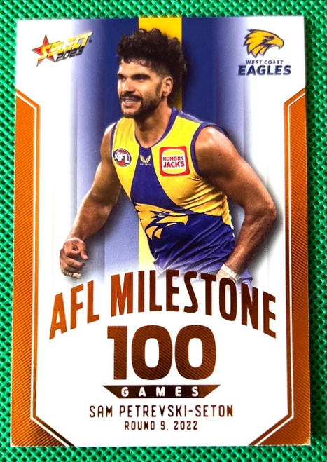 2023 AFL SELECT FOOTY STARS SAM PETREVSKI-SETON WEST COAST EAGLES 100 GAMES MILESTONE CARD