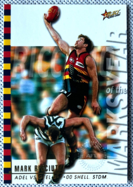 2001 AFL SELECT OVATION MARK RICCUITO ADELAIDE CROWS  MARKS OF THE YEAR BOX CARD