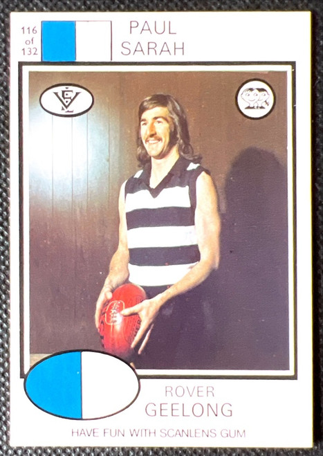 1975 VFL SCANLENS # 116 PAUL SARAH GEELONG CATS CARD