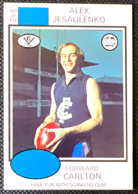 1975 VFL SCANLENS # 107 ALEX JESAULENKO CARLTON BLUES CARD