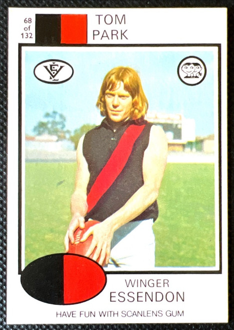 1975 VFL SCANLENS #68 TOM PARK ESSENDON BOMBERS CARD