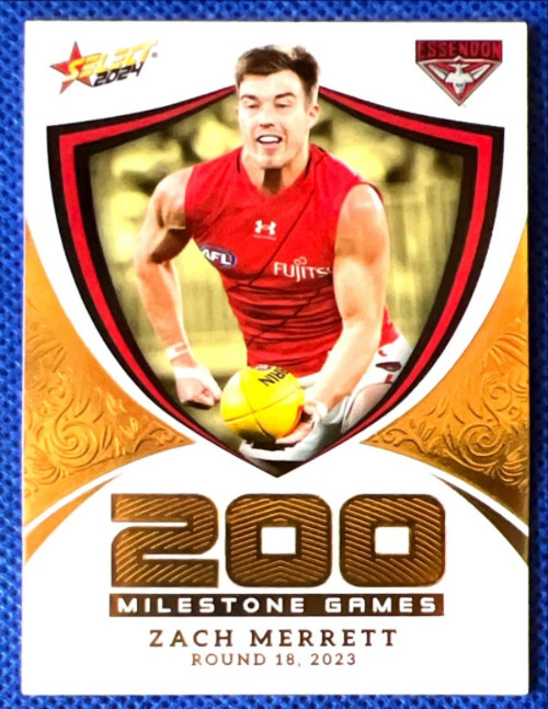 2024 AFL FOOTY STARS MILESTONE MG31 ZACH MERRETT ESSENDON BOMBERS 200 GAME CARD