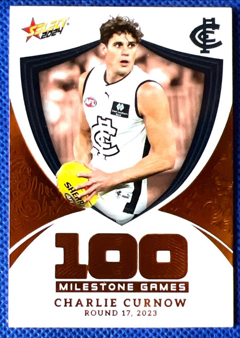 2024 AFL FOOTY STARS MILESTONE MG20 CHARLIE CURNOW CARLTON BLUES 100 GAME CARD
