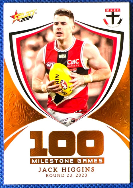 2024 AFL FOOTY STARS MILESTONE MG90 JACK HIGGINS ST KILDA SAINTS 100 GAME CARD