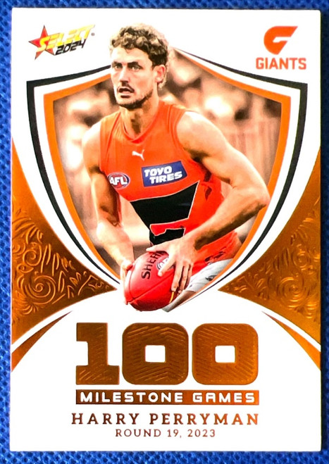 2024 AFL FOOTY STARS MILESTONE MG47 HARRY PERRYMAN GWS GIANTS 100 GAME CARD