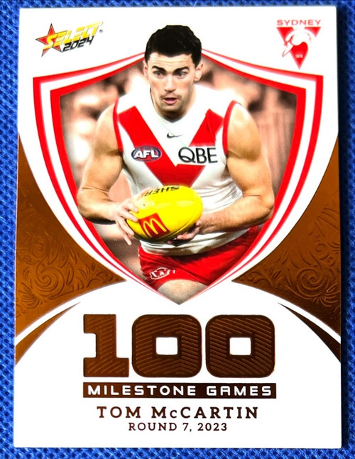 2024 AFL FOOTY STARS MILESTONE MG93 TOM McCARTIN SYDNEY SWANS 100 GAME CARD