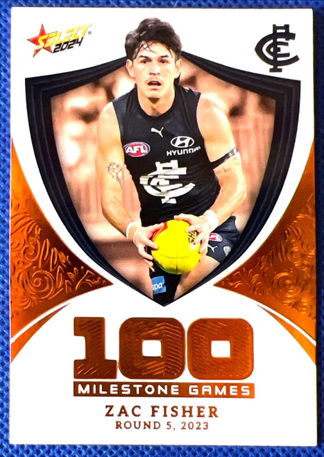 2024 AFL FOOTY STARS MILESTONE MG14 ZAC FISHER CARLTON BLUES 100 GAME CARD