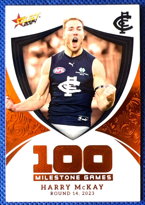 2024 AFL FOOTY STARS MILESTONE MG18 HARRY McKAY CARLTON BLUES 100 GAME CARD