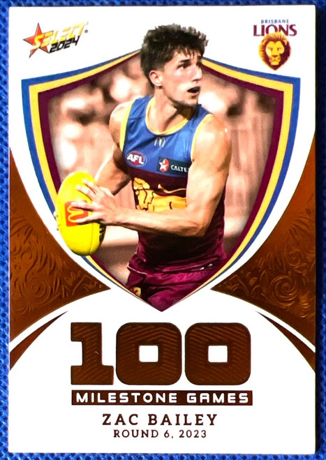 2024 AFL FOOTY STARS MILESTONE MG06 ZAC BAILEY BRISBANE LIONS 100 GAME CARD