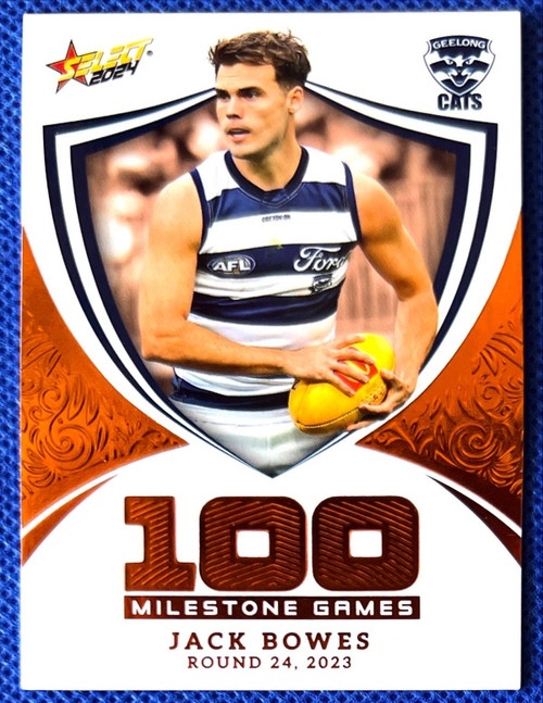 2024 AFL FOOTY STARS MILESTONE MG42 JACK BOWES GEELONG CATS 100 GAME CARD