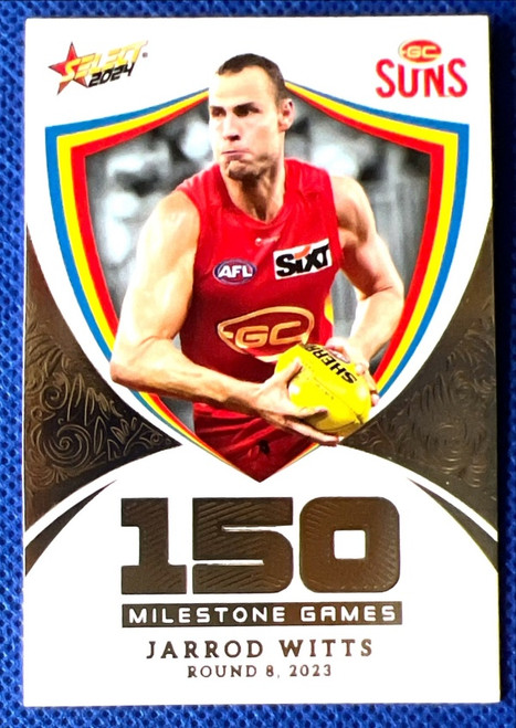 2024 AFL FOOTY STARS MILESTONE MG54 JARROD WITTS GOLD COAST SUNS 150 GAME CARD