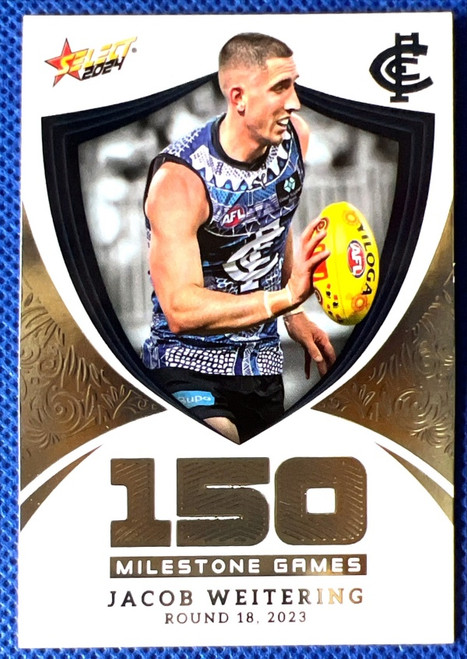 2024 AFL FOOTY STARS MILESTONE MG21 JACOB WEITERING CARLTON BLUES 150 GAME CARD