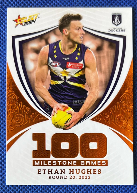 2024 AFL FOOTY STARS MILESTONE MG37 ETHAN HUGHES FREMANLTE DOCKERS SUNS 100 GAME CARD