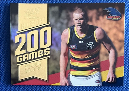 2020 AFL FOOTY STARS MILESTONE PRESTIGE MG04 SAM JACOBS ADELAIDE CROWS 200 GAME CARD