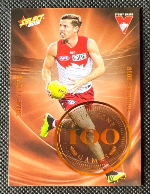 2019 AFL SELECT FOOTY STARS MG69 JAKE LLOYD SYDNEY SWANS 100 GAME MILESTONE CARD