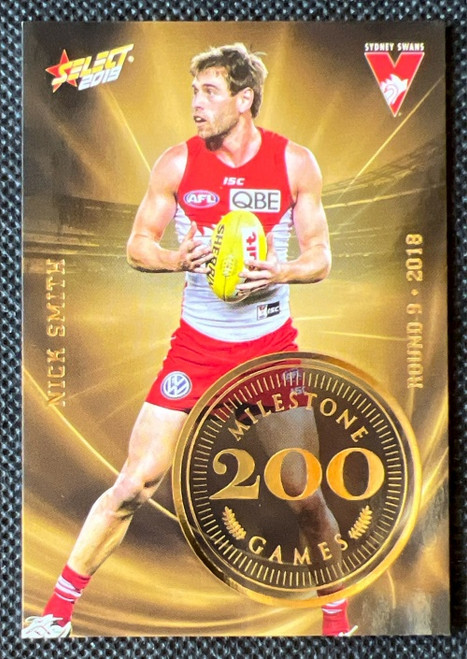 2019 AFL SELECT FOOTY STARS MG70 NICK SMITH SYDNEY SWANS 200 GAME MILESTONE CARD