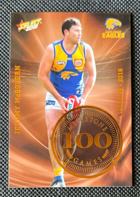 2019 AFL SELECT FOOTY STARS MG77 JEREMY McGOVERN WEST COAST EAGLES 100 GAME MILESTONE CARD