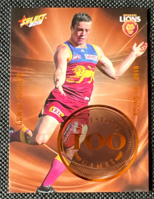 2019 AFL SELECT FOOTY STARS MG10 LEWIS TAYLOR BRISBANE LIONS 100 GAME MILESTONE CARD