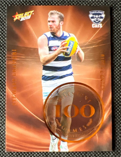 2019 AFL SELECT FOOTY STARS MG32 STEWART CRAMERI GEELONG CATS 100 GAME MILESTONE CARD