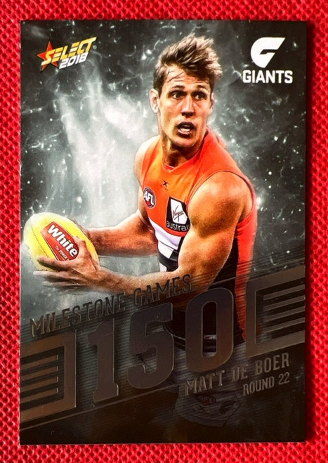 2018 AFL SELECT FOOTY STARS MG53 MATT DE BOER GREATER WESTERN SYDNEY 150 GAME MILESTONE CARD