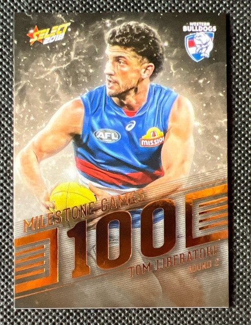 2018 AFL SELECT FOOTY STARS MG110 TOM LIBERATORE WESTERN BULLDOGS 100 GAME MILESTONE CARD