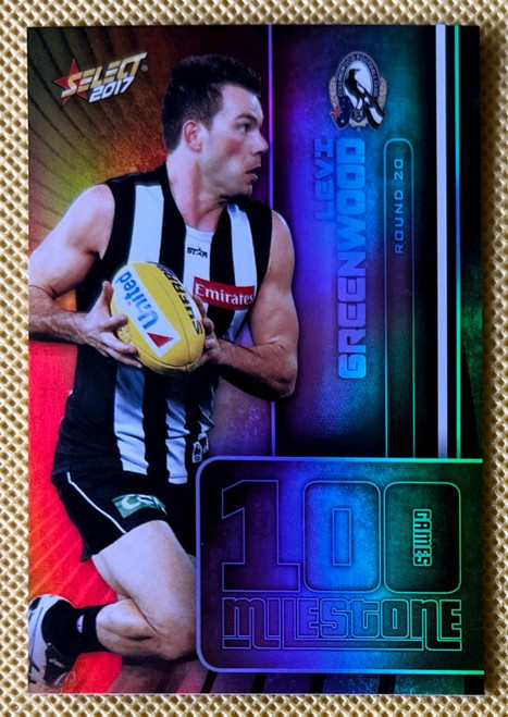 2017 AFL SELECT FOOTY STARS MG17 LEVI GREENWOOD COLLINGWOOD MAGPIES 100 GAME MILESTONE CARD