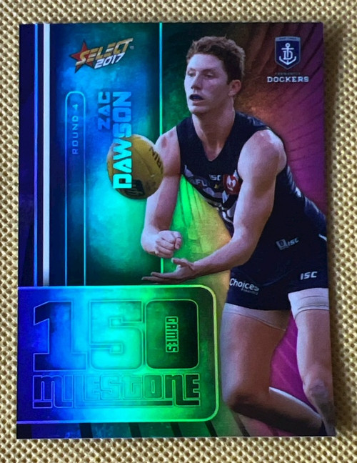 2017 AFL SELECT FOOTY STARS MG24 ZAC DAWSON FREMANTLE DOCKERS 150 GAME MILESTONE CARD