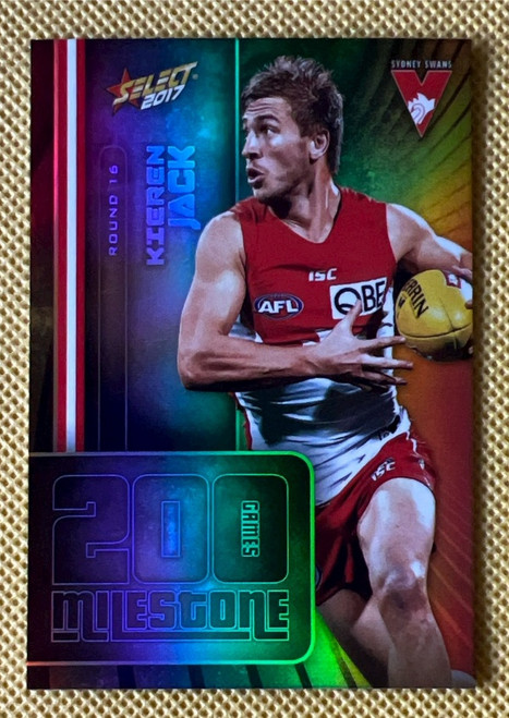 2017 AFL SELECT FOOTY STARS MG67 KIERAN JACK SYDNEY SWANS 200 GAME MILESTONE CARD