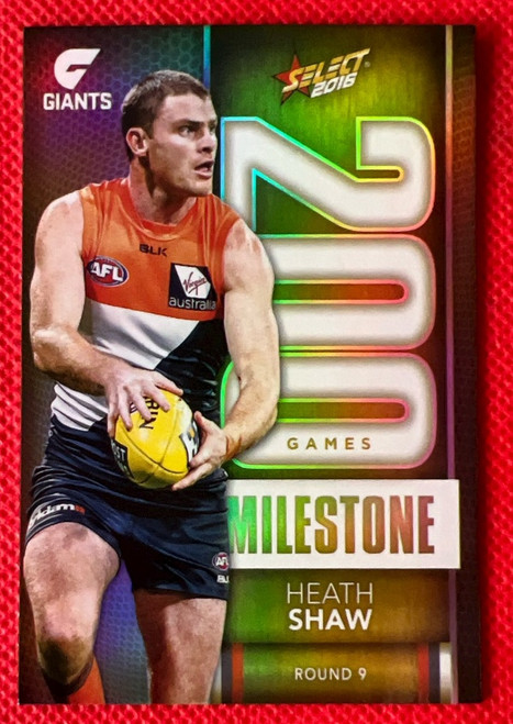 2016 AFL SELECT FOOTY  STARS MG35 HEATH SHAW GREATER WESTERN SYDNEY 200 GAME MILESTONE CARD