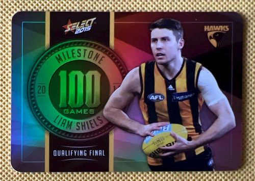 2015 AFL SELECT FOOTY  STARS MG48 LIAM SHEILS HAWTHORN HAWKS 100 GAME MILESTONE CARD