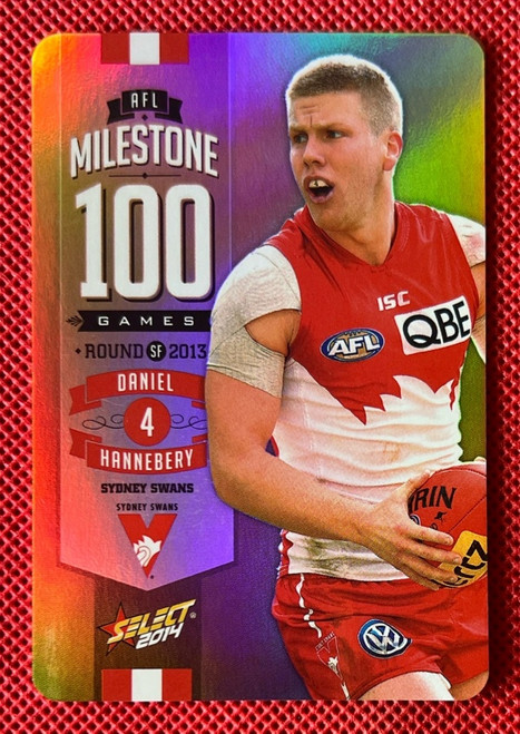 2014 AFL SELECT FOOTY STARS MG76 DANIEL HANNEBERY SYDNEY SWANS 100 GAME MILESTONE CARD