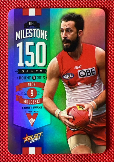 2014 AFL SELECT FOOTY STARS MG77 NICK MALCESKI SYDNEY SWANS 150 GAME MILESTONE CARD