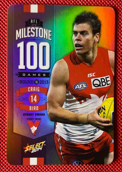 2014 AFL SELECT FOOTY STARS MG74 CRAIG BIRD SYDNEY SWANS 100 GAME MILESTONE CARD