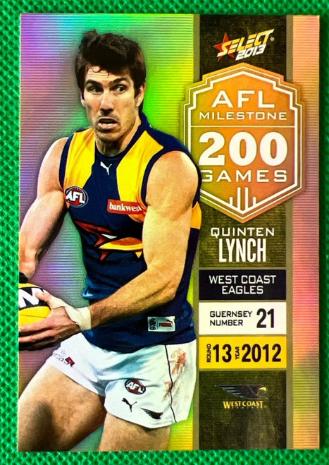 2013 AFL SELECT FOOTY STARS MG79 QUINTEN LYNCH WEST COAST EAGLES 200 GAME MILESTONE CARD