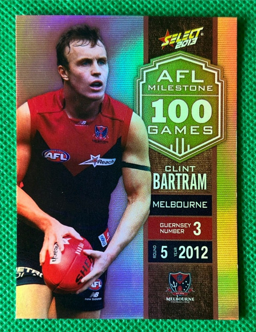2013 AFL SELECT FOOTY STARS MG44 CLINT BARTRAM MELBOURNE DEMONS 100 GAME MILESTONE CARD