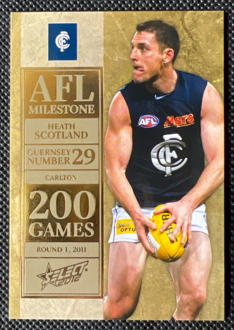 2012 AFL SELECT FOOTY STARS MG09 HEATH SCOTLAND CARLTON BLUES 200 GAME MILESTONE CARD