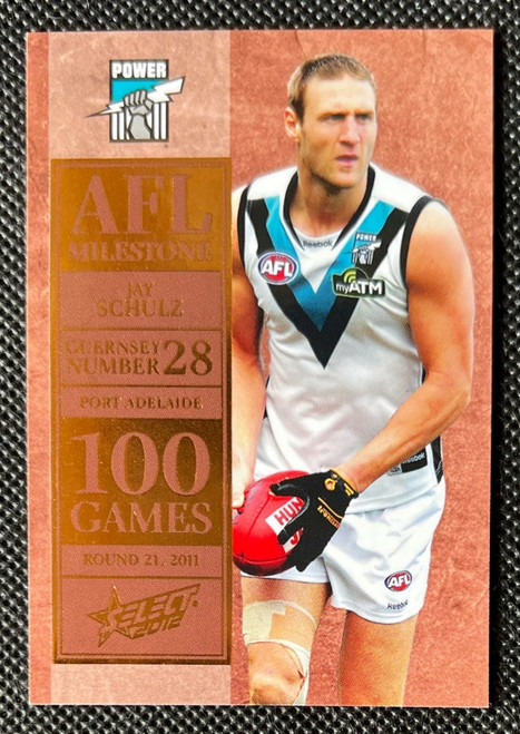 2012 AFL SELECT FOOTY STARS MG48 JAY SCHULZ PORT ADELAIDE POWER 100 GAME MILESTONE CARD