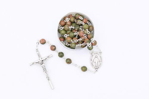 Unakite Gemstone Rosary Silver Toned